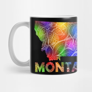Colorful mandala art map of Montana with text in multicolor pattern Mug